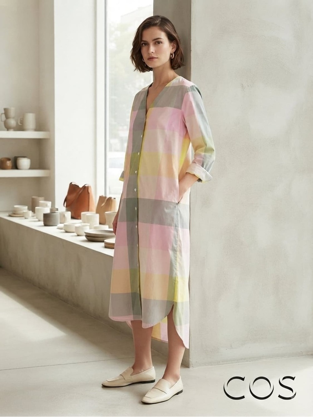 COS Pastel Check Cotton V-Neck High Low Shirt Dress EU 36 US 4 Pockets